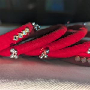 Handcrafted Red Fabric Bangles with Silver Beads and Mirror Work
