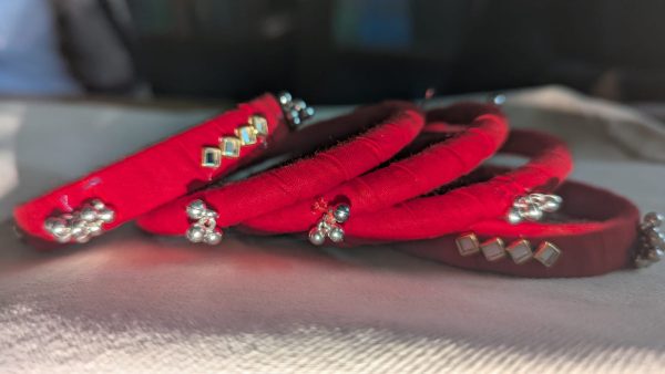 Handcrafted Red Fabric Bangles with Silver Beads and Mirror Work