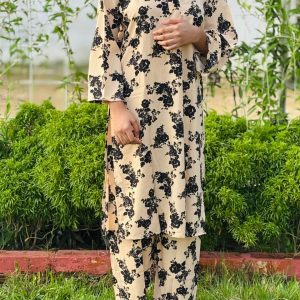Elegant Beige & Black Floral Co-Ord Set – Soft Cotton Comfort for Everyday Chic