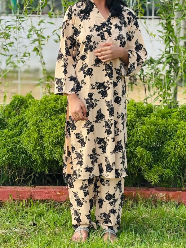Elegant Beige & Black Floral Co-Ord Set – Soft Cotton Comfort for Everyday Chic