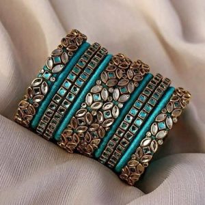 Teal and Gold Floral Embellished Bangles Set