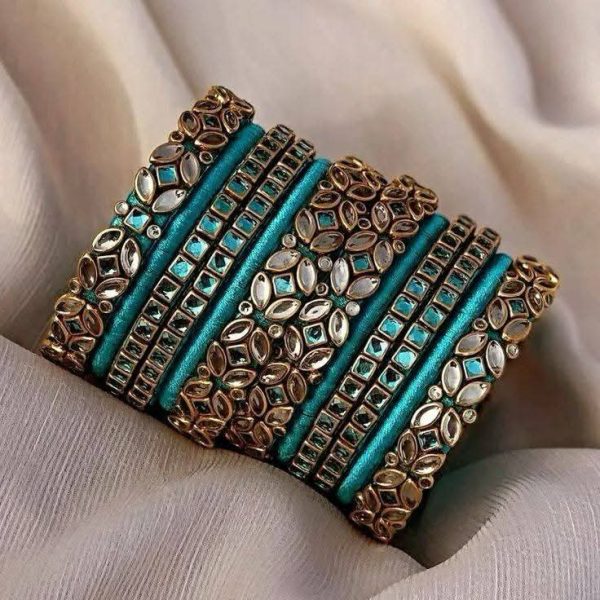 Teal and Gold Floral Embellished Bangles Set